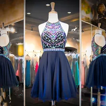 Mode 2017 Marineblau kurze heimkehr kleid perlen bunte kristall halter cocktailkleid short prom kleid vestidos de festa