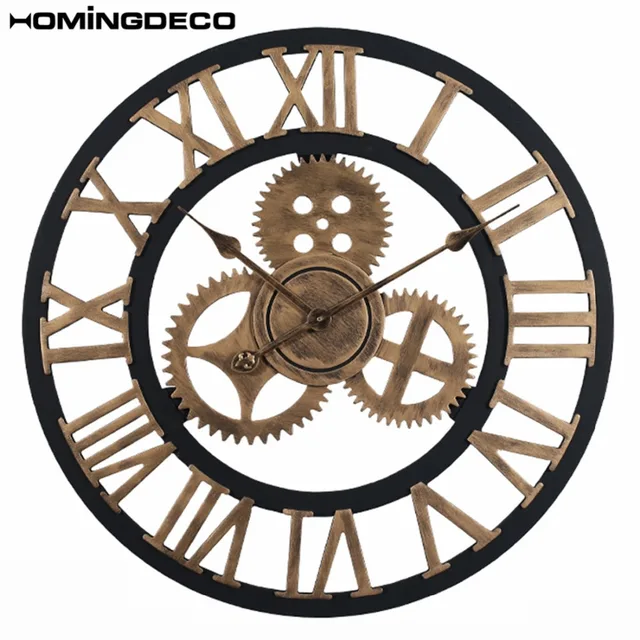 Homingdeco 60cm Vintage large decorative wall clocks Retro Gear Rome Style Quarz Silent large wall clocks for the living room