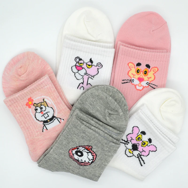 1 Pair Cute Cartoon Animals Women Socks White/Pink/Grey Cotton Harajuku Kawaii Fashion Girls Short Funny Socks