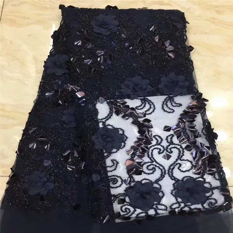 

2019 Latest Style French Net Lace Fabric With Sequins Lace Fabric High Quality Black Color Nigerian 3D Appliqued Lace Fabric