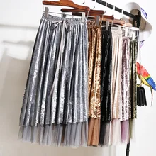 OHRYIYIE бежевая серая черная Осенняя зимняя бархатная плиссированная юбка женская Лоскутная кружевная длинная юбка Тюлевая юбка Jupe Longue Femme