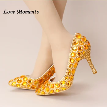 

Love Moments GOLD crystal wedding shoes pointed toe handmade bridal shoes Woman normal dress party shoes Shallow Single shoes