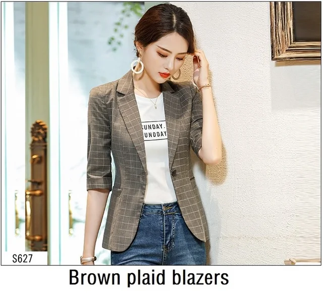 Women jacket Slim summer Plaid Half sleeve jacket Blazers Women 627in