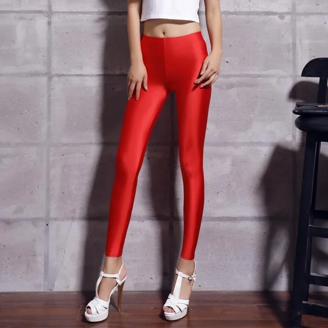 Эластичные леггинсы женские сексуальные тонкие флуоресцентные Блестящие Брюки Леггинсы супер стрейч повседневные женские узкие брюки плюс размер s-xl - Цвет: Красный