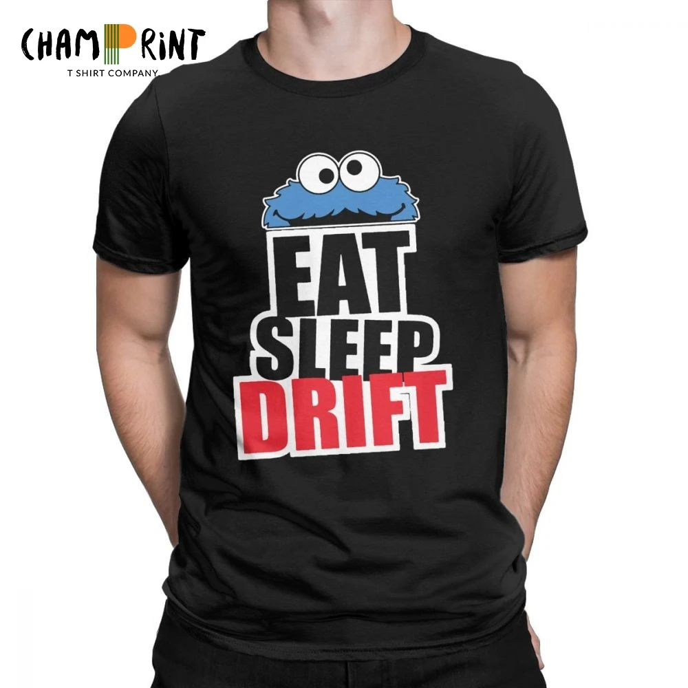 

Blue Glutton Monster "Eat Sleep Drift" Men T Shirts Funny Tees Short Sleeve Cookie Monster T-Shirts Pure Cotton Party Clothes