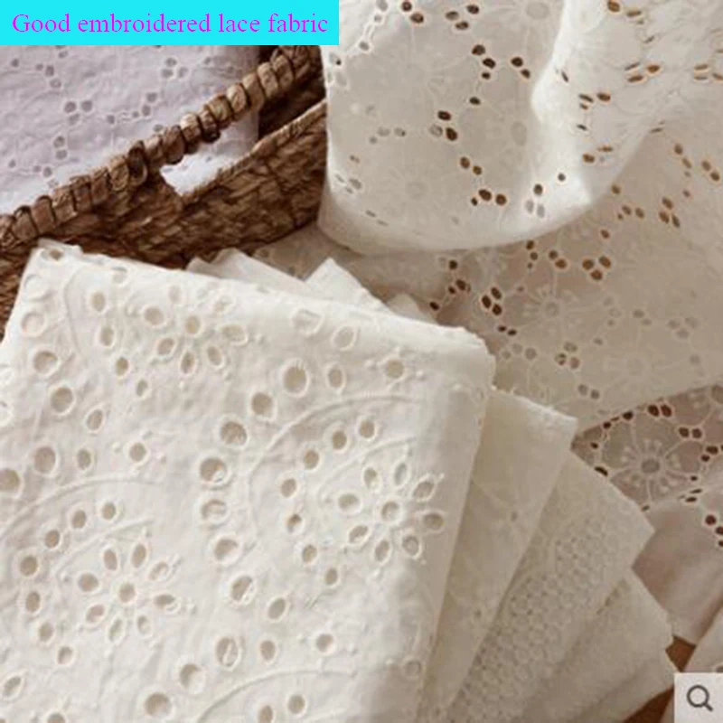 

Wide 125cm Good White Hollow Lace Cotton Embroidered Lace Dress Fabric Quilting patchwork Sewing Material DIY Wedding Clothing