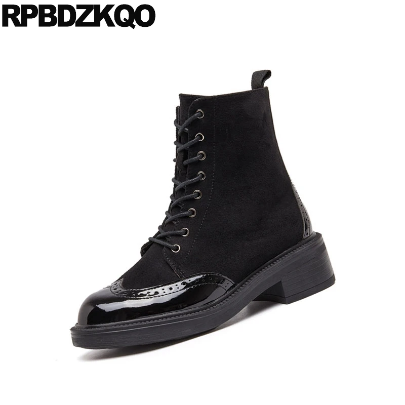 Vintage Hiver Rond Verni Bottes Casual Automne Militaire Lacent Noir Combat Cuir Chunky Richelieu En Bout Avant Chaussures Cheville Femmes g4qrwUBAg