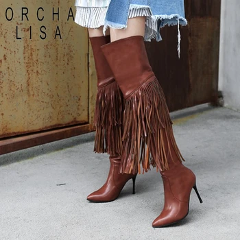 

ORCHA LISA Women Thigh High Boots Fringe Black brown Stiletto Sexy Over the Knee Boots leather PU High Heel Long Boots size 39