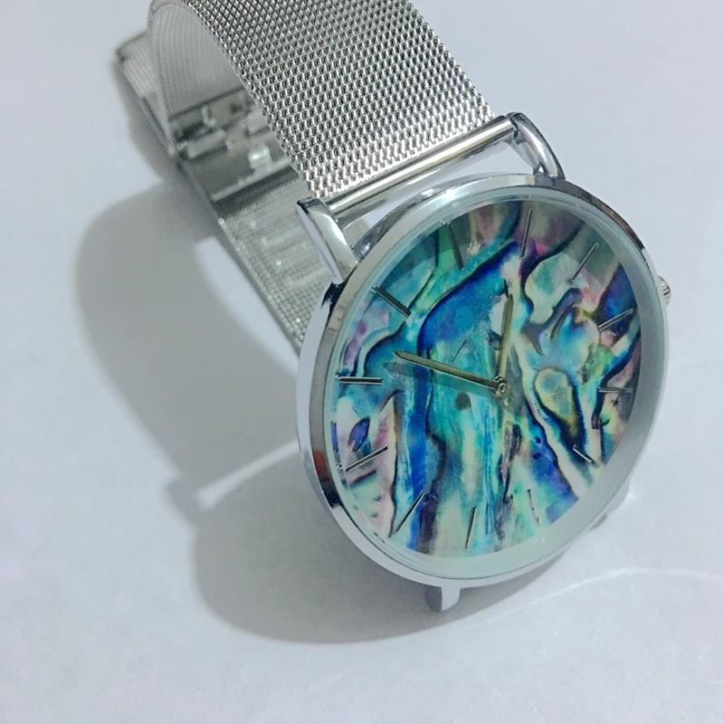 

AVOCADO 2018 New Color Ocean Map Shell Material Silver Mesh Belt Women Wristwatch Men's Quartz Watches