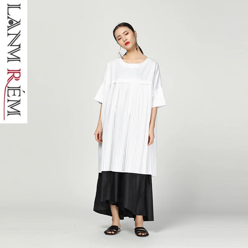 

LANMREM 2019 New Fashion Streetewar Retro Personality Fold Split Joint Design Round Collar Short Sleeve Larage Size Dress YG856