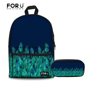 

FORUDESIGNS 2 pcs/set School Backpack for Girls Green Watercolor Leaves on Navy Border Printing Junior School Bags Rucksack 2018