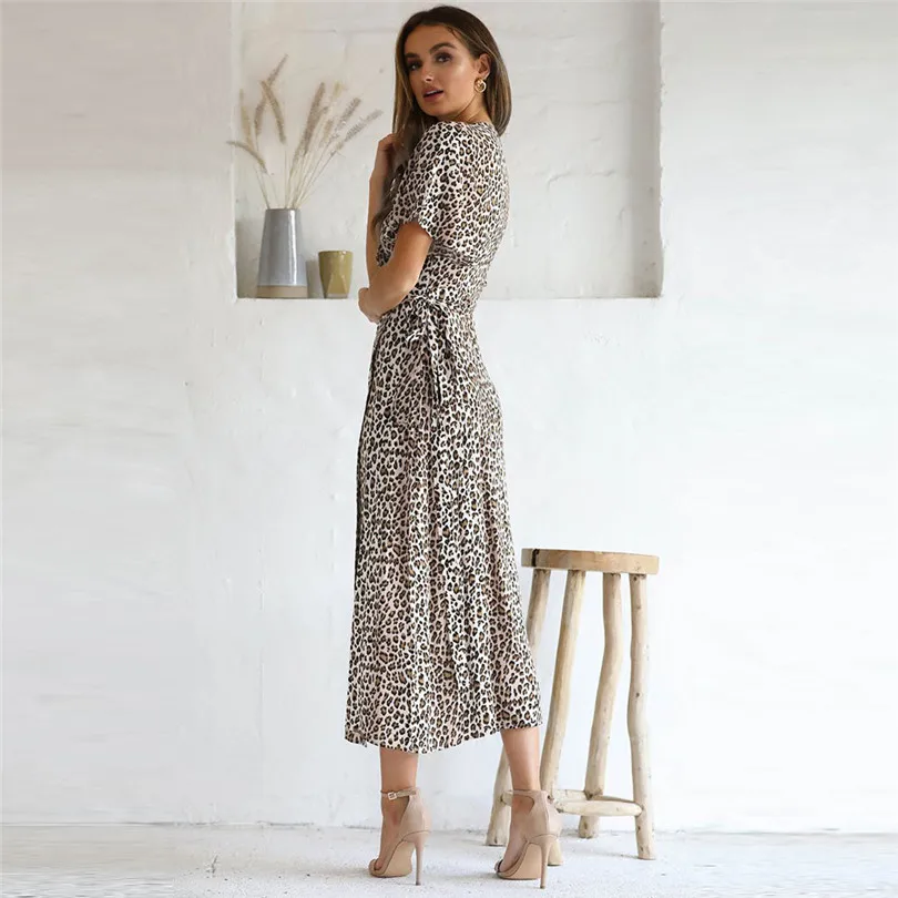 New Women Leopard Bohemian Long Dress 2019 Summer Sexy Deep V-neck Short Sleeve Long Maxi Party Beach Dress #E10 (26)