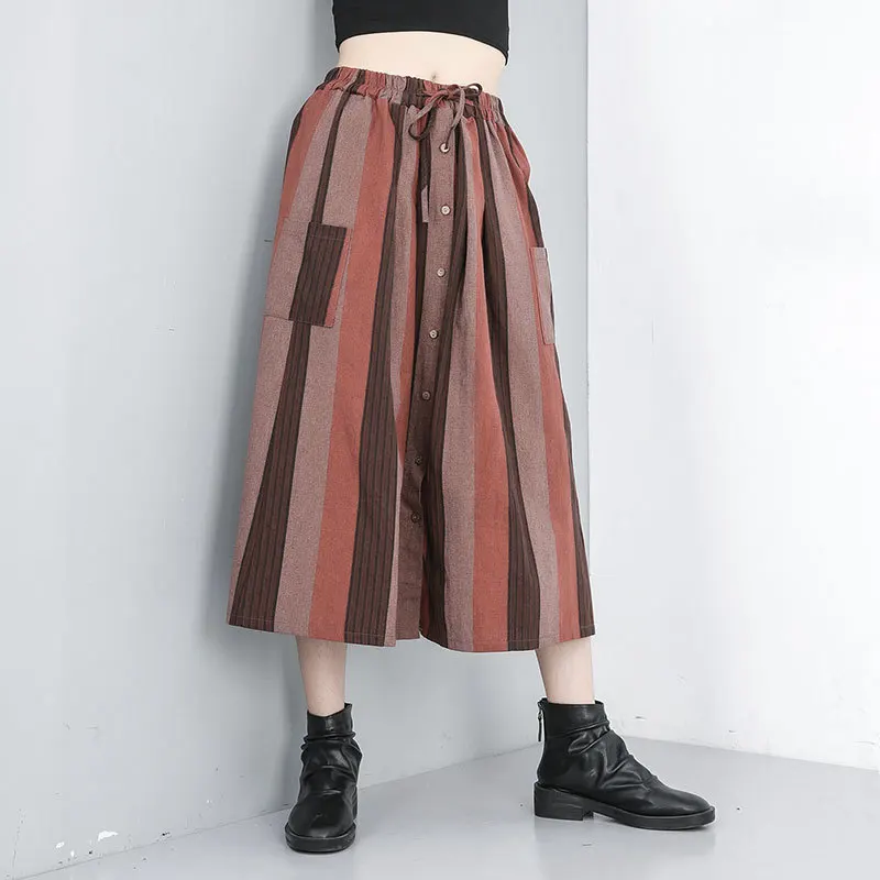 

Johnature Elastic Waist Striped A-line Button Pockets 2019 Summer New Patchwork Skirts Cotton Linen Tie Loose Women Skirt