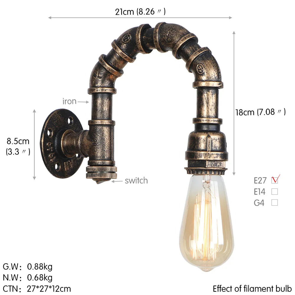 С переключателем Ретро настенный светильник Лофт Декор промышленный настенный светильник светодиодный Железный водопровод Эдисон