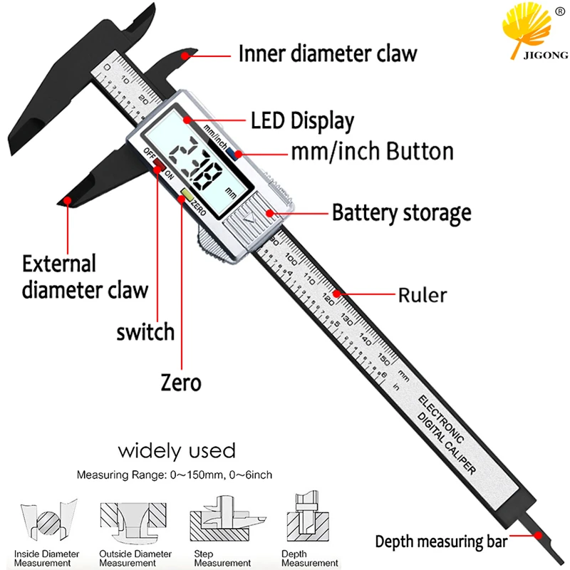 Chuiouy Digital Vernier Caliper Electronic Micrometer Gauge Widescreen Carbon Ruler Steel 6 150mm Chuiouy Digital Vernier Caliper Electronic Micrometer Gauge Widescreen Carbon Ruler Steel 6 150mm