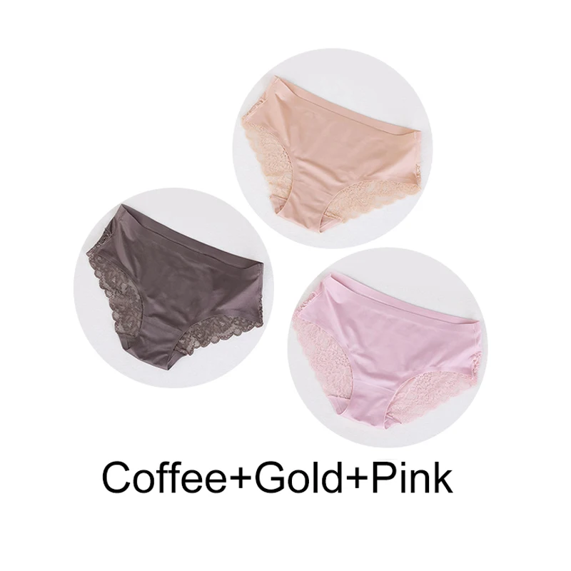 3 Pcs Sexy Underwear Women's Lace Panties Seamless Low Waist Briefs Nylon Silk Breathable Female Cotton Comfortable Lingerie - Color: A