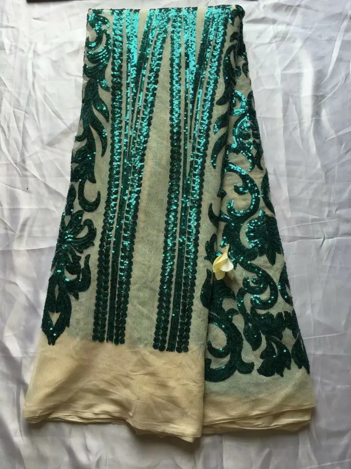 

5 Yards/pc Fashionable khaki french net lace fabric with green sequins design african mesh lace for dress QN56-1