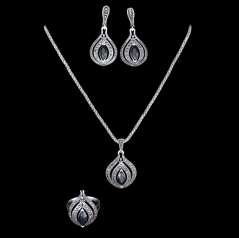 4 Colors Antique Silver Plated Fashion Jewelry Sets Vintage Black Crystal Pendant Necklace Earring Ring Jewellery