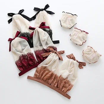 

Sexy Ultra-thin Lace Embroidery Bra Set Summer Transparent Mesh Women Underwear Lovely Bow Adjusted-straps French Brassiere