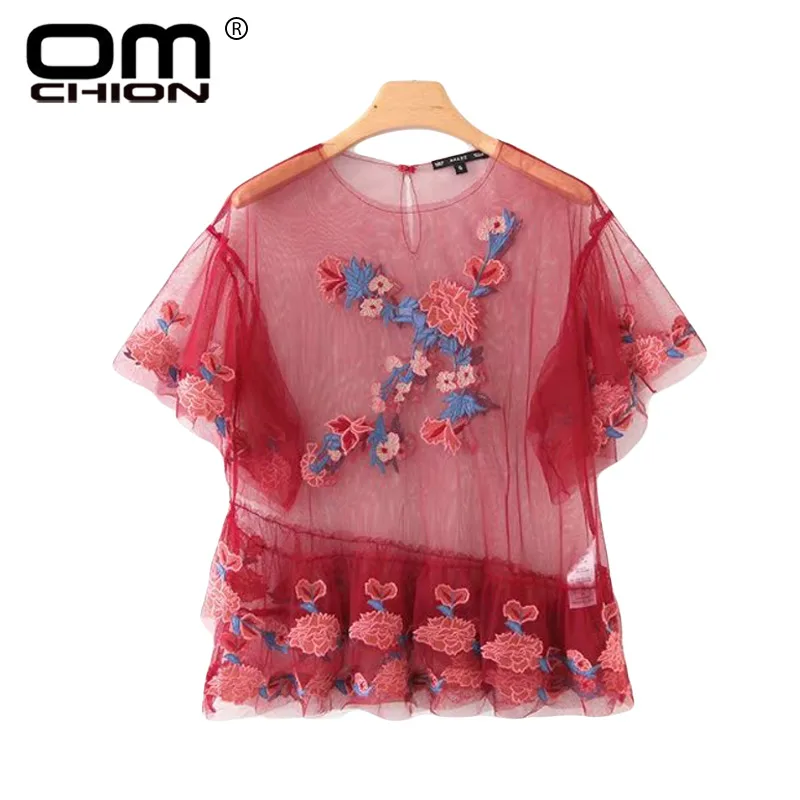 OMCHION Blusas Mujer 2017 New Summer Floral Embroidery Blouse Women Butterfly Sleeve Shirt Loose Transparent Mesh Top LS210 |