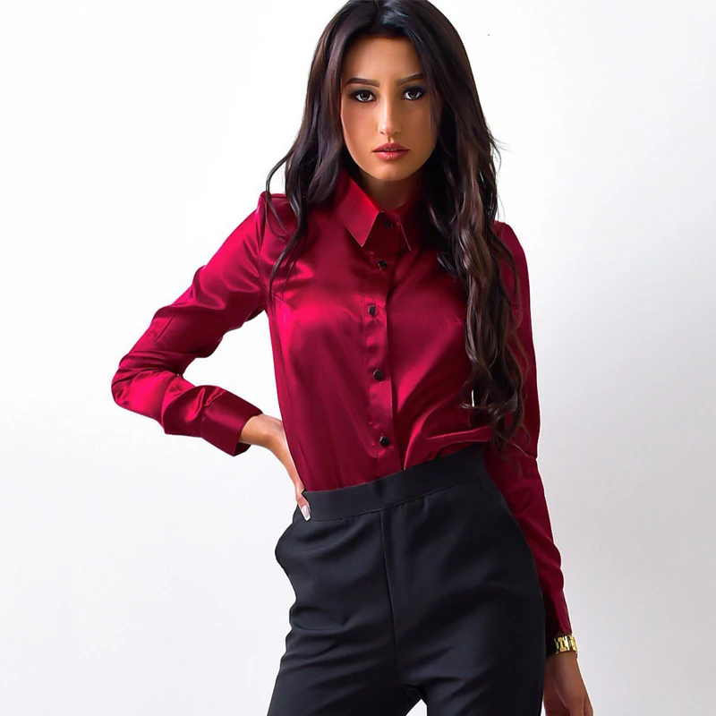 LDZHPS Autumn Women silk satin blouse Casual button lapel