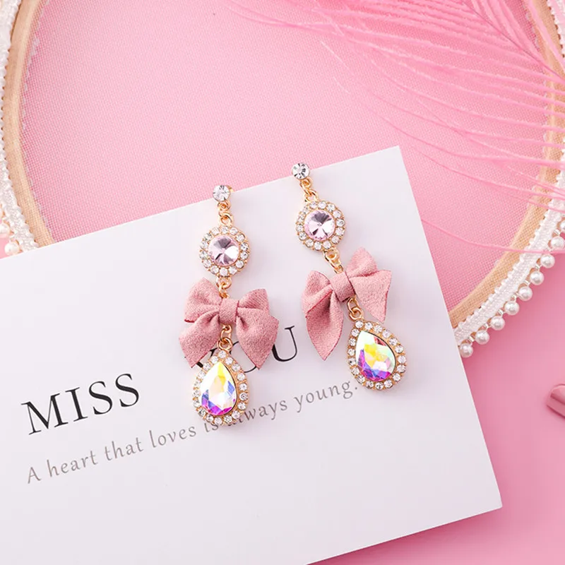 New Fashion Luxury Pink Shiny Rhinestone Long Bowknot Tassel Drop Earrings Korean Baroque Style Women Pendientes Jewelry - Image 3