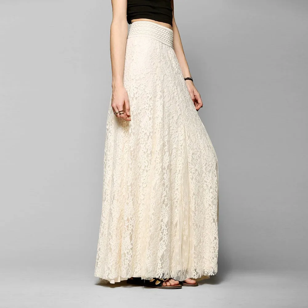 Elegant Slim High Waist Hollow Out Lace Long Skirt Women Summer Floor