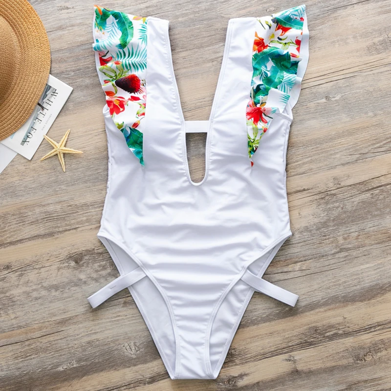 

Turmeric High cut swimsuit one piece Ruffles bikini push up V-neck swimwear women Sexy white bodysuit bathers summer 2019 new