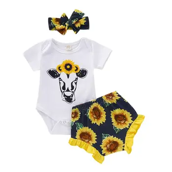 

Newborn Infant Baby Girl Bodysuit Playsuit Jumpsuit Short Sleeve Cotton Floral Shorts Pants Headband Outfits