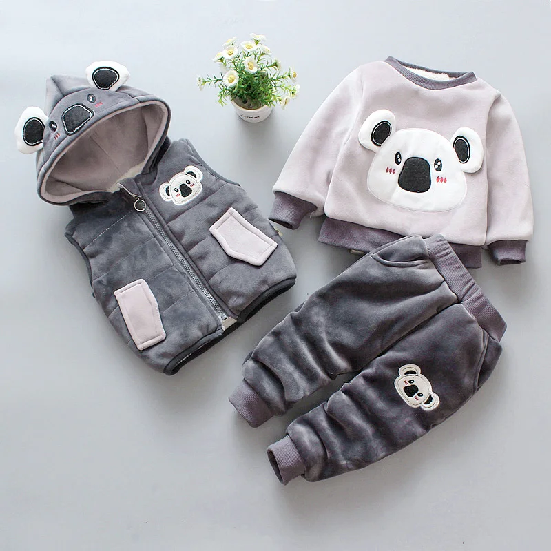 

baby clothing sets fashion cute cartoon bear winter cotton fleece wool suit warm thicken 3 pcs plus velvet baby boys girls set