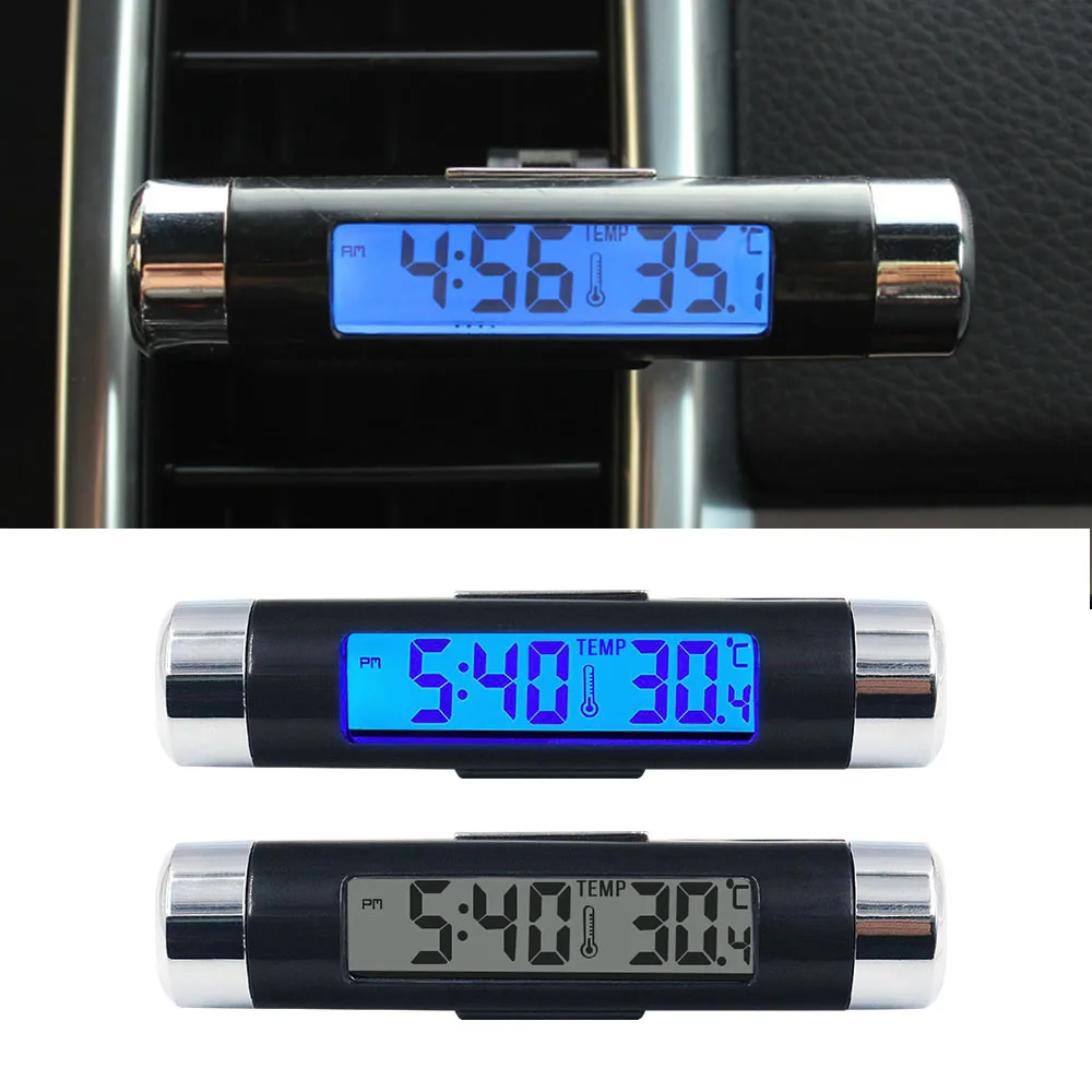 Digital Auto Thermometer Clock LCD Display Car Temperature Time Scanner Automobile Air Vent Clip Thermometer Blue Back Light LCD