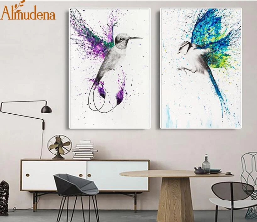 

ALMUDENT European Splash Colorful Flying Birds Abstract Art Study Decorative Painting Unframed Modular Wall Art Canvas Poster