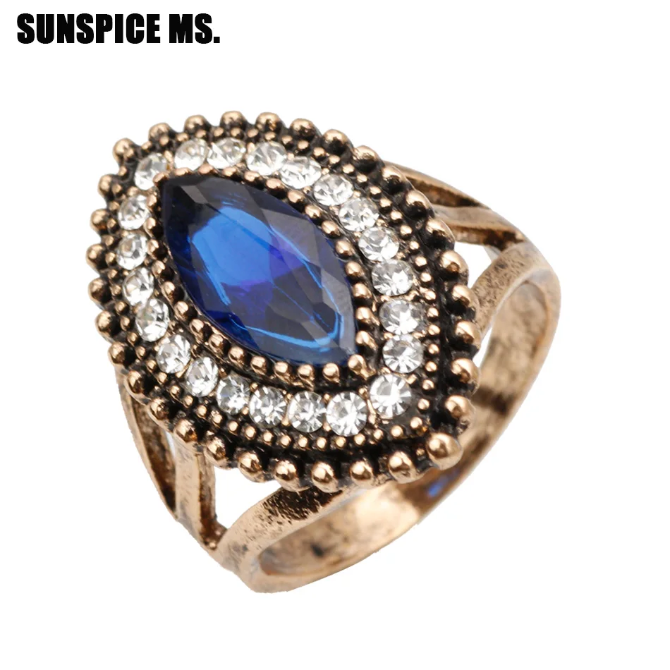 Retro Turkish Women Vintage Rings Big Shuttle Type Crystal Antique Gold