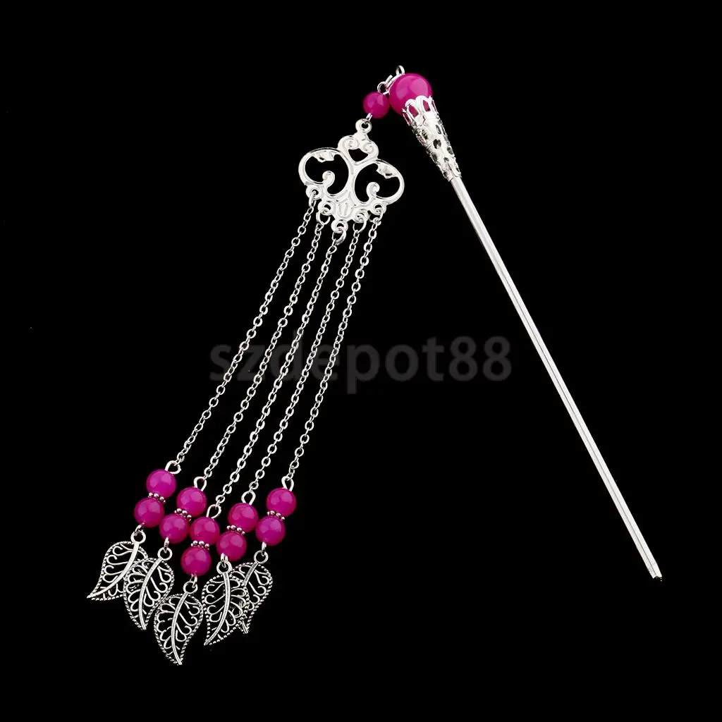 Solid Metal Tasel with Beads Stick Pin Hanfu Dress Ancient Chinese Cosplay Drama Girls Cute Hair Pin