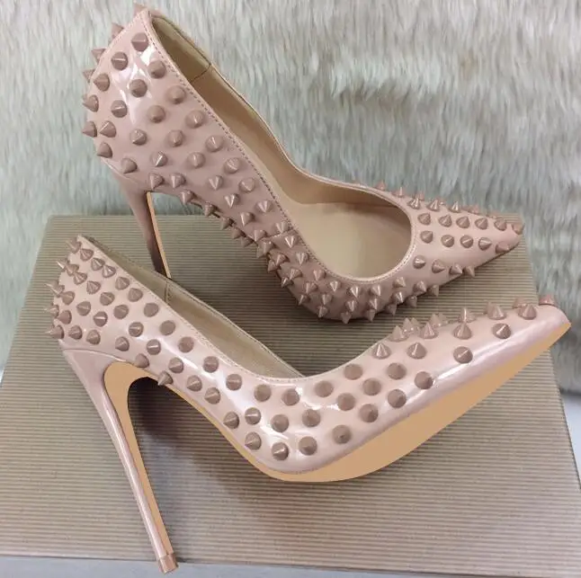 

Carpaton Hot Selling Nude Patent Leather Rivets Studded High Heel Shoes Sexy Pointed Toe Woman Pumps Shallow Stiletto Heels