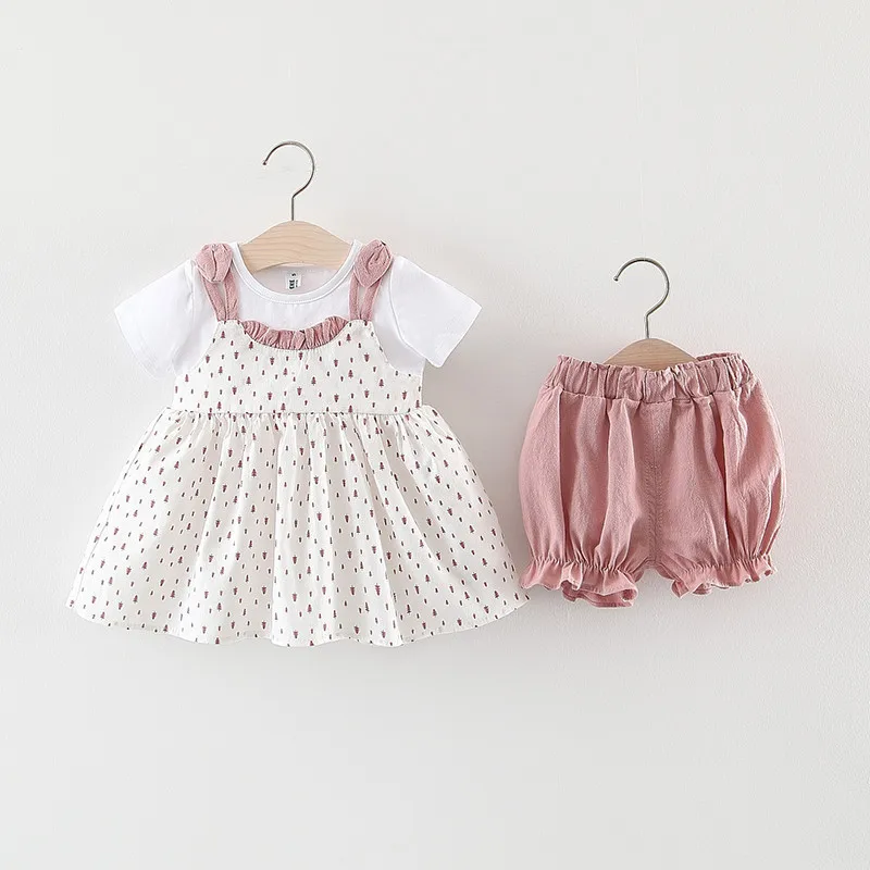 

FEERIJT Baby Girls Set Summer Dress Girls Clothes 2019 Cotton Pants Skirt Two-piece Set Pink Short Sleeve Princess Dress for Kid