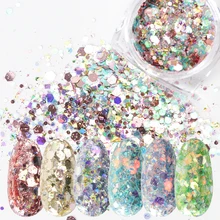 1 коробка шестиугольник блеск для ногтей Русалка порошок 3D Холо блестки, пластинки пыль Paillette ломтик маникюр Дизайн ногтей украшения Совет JIDJ01-12