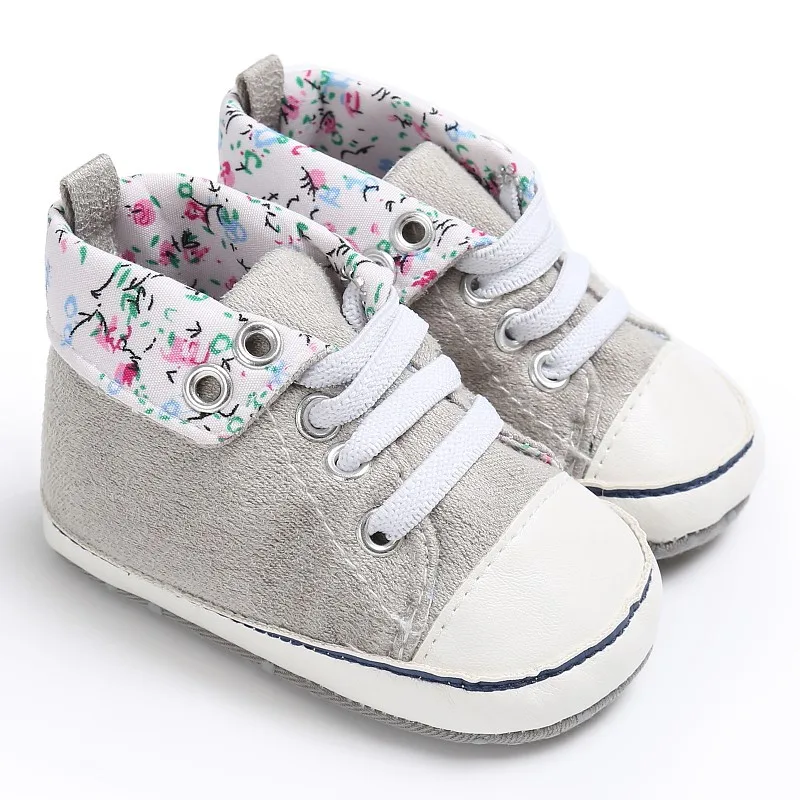 Обувь для маленьких детей; классические высокие модные спортивные кроссовки с цветочным принтом на шнуровке для малышей; Размеры 0-18 м - Цвет: Серый