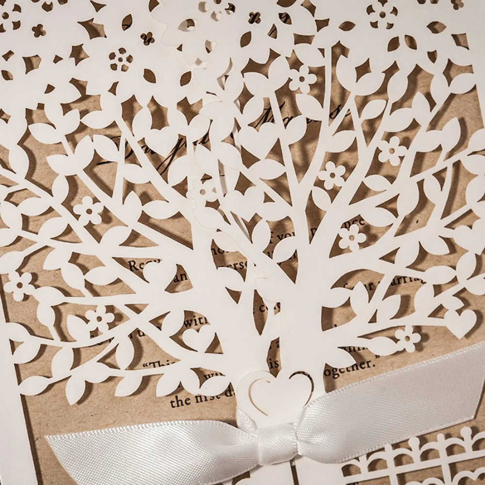 Желанные вертикальные свадебные пригласительные открытки с белым элегантным дизайном дерева лазерной резки, 1 образец карты CW6176