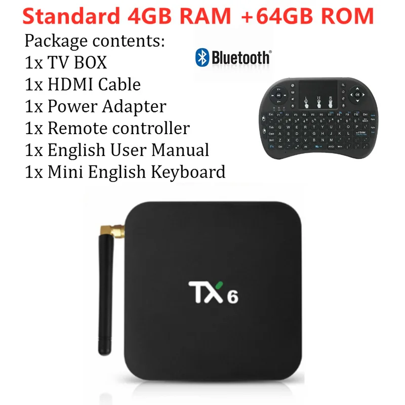 ТВ приставка TX6 Android ТВ приставка Android 9,0 2 GB/16 GB 4 GB/32 GB 4 GB/64 GB Allwinner H6 четырехъядерный H.265 4K USB 3,0 2,4G/5G WiFi Smart - Цвет: 4G 64GB EU keyboard