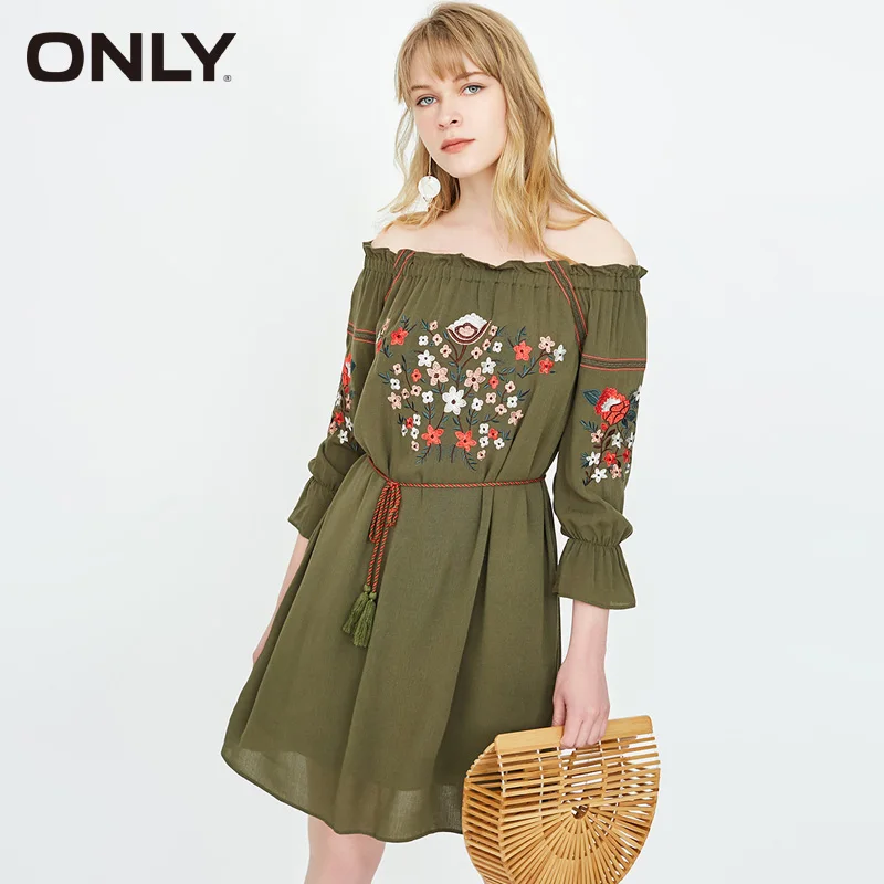 

ONLY 2019 Summer Floral Embroidery Fringed Lace-up Dress |118207553