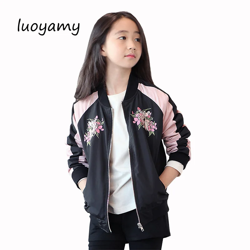 

Girls Jackets And Coats 2017 Autumn Fashion Embroidery Zipper Jacket Children Long Sleeve Simple Kids Pink Patchwork Clothes