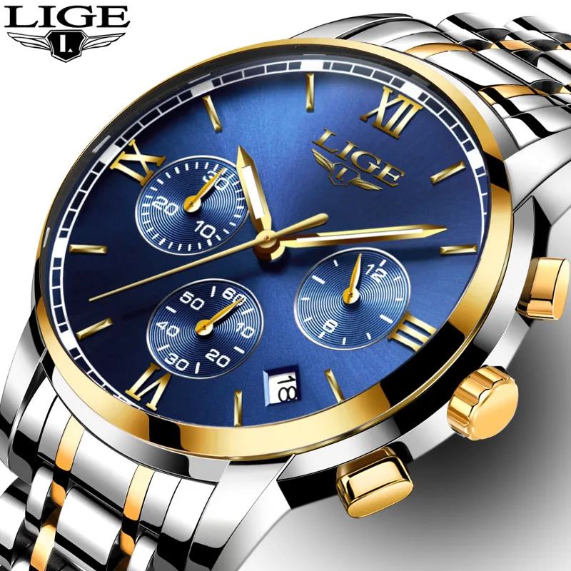 LIGE Mens font b Watches b font font b Luxury b font Business Fashion Top Brand