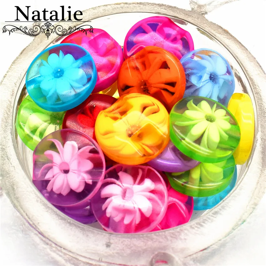 100Pcs Transparent 12mm sew on buttons resin candy beautiful multicolour flower decorative shirt