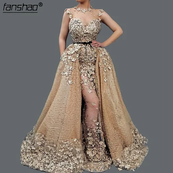 

Gold Muslim Evening Dresses Grace Mermaid Lace Flower Pearls Detachable Dubai Saudi Arabic Long Evening Gown Prom Dress