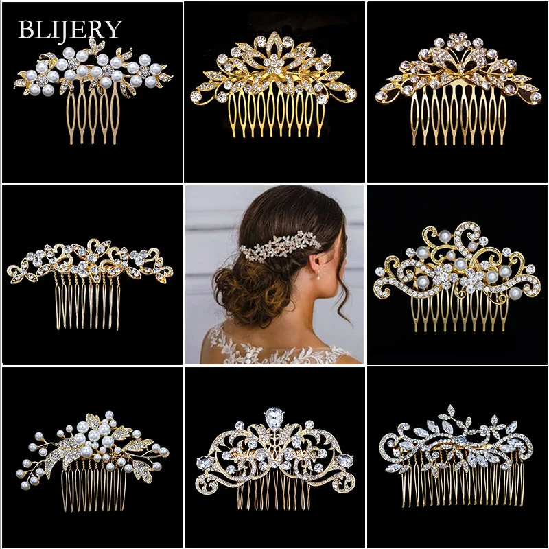 

BLIJERY Gold Color Pearl Rhinestone Floral Bridal Hair Combs for Women Jewelry Crystal Wedding Hair Accessories Hair Ornaments