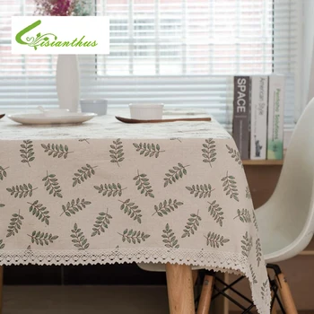 

Table Cloth Rectangular Pastoral Style Green Leaf Printed Tablecloth Home Protection Decor Elegant Table Cover with Lace Edge