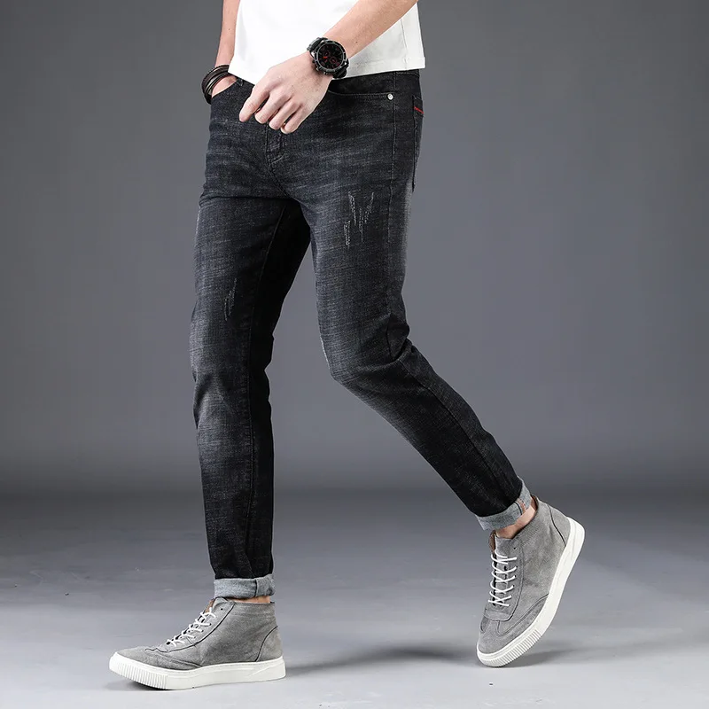 Icpans Для мужчин Жан карманы на молнии Regular Fit Straight Denim Skinny jeans Для мужчин черные классические джинсы Для мужчин стрейч