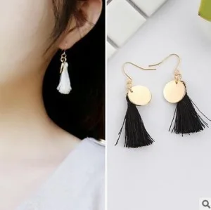 

Retro Simple Handmade Small Round Metal Black White Fabric Wool Tassel Mini Needle Pendant Earrings For Women Wholesale