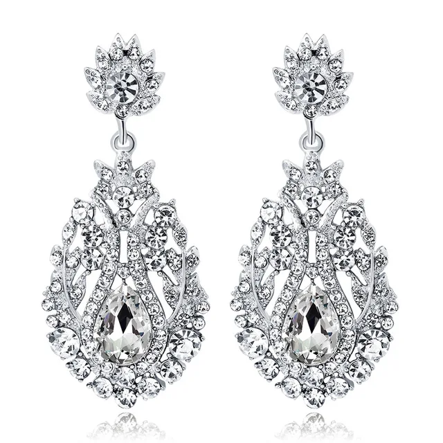 Fashion Silver Color Crystal Bridal Wedding Earrings Long Earrings for